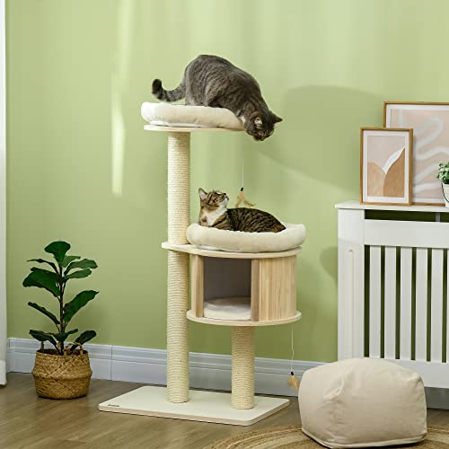Pawhut 3-Level Cat Tree With Sisal Scratching Posts, Fun Cat Badminton Toy For Playing, Soft Cushions, & Play Areas #TOP1