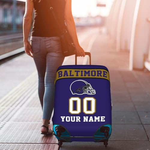 Image of Custom Baltimore Luggage Cover Personalized Football Style Suitcase Cover with Name Number Customized Washable Elastic Sports Travel Suitcase Protector for Business Vacation Gifts