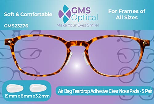 GMS Optical 3.2mm Extra-Thick / 15mm Medium-Length - Adhesive Air Bag Teardrop Anti-Slip Silicone Nose Pad - Anti-Slip for Glasses, Eyeglasses, Sunglasses (5 Pair-2 Pack)(10 Pair Total)(Clear)