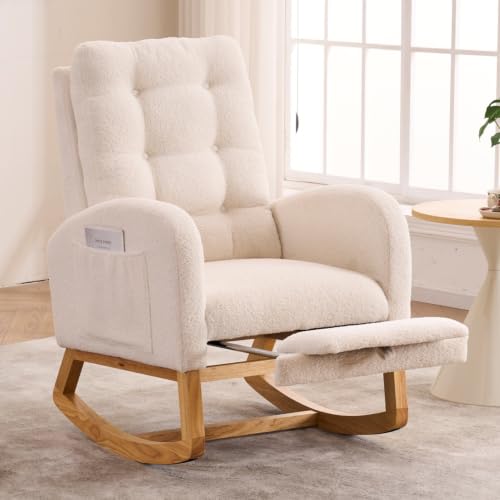 Image of Rocking Chair with Foot Rest, Nursery Rocking Chairs with Rubber Wood Legs, High Back Pocket Modern Upholstered Glider Chair, Comfy Accent Rocker Armchair for Living Room Bedroom,Beige White