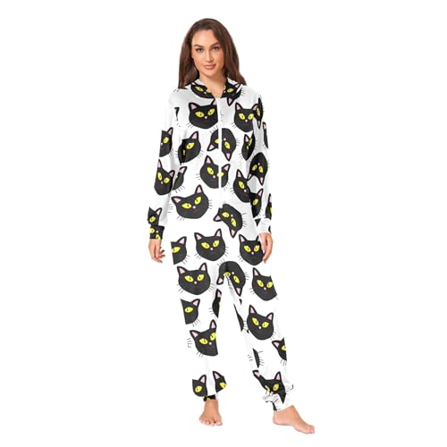 Burbuja Big Black Cat Faces Adult Onesie Pajamas Fleece Onesie Sleepwear Homewear for Women Men