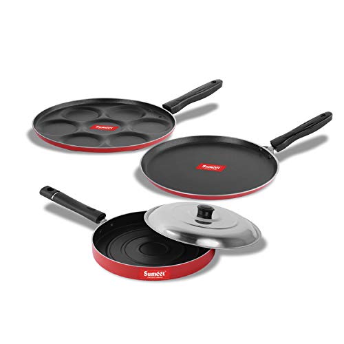Image of Sumeet Aluminium 2.6 mm Thick Non-Stick Rory Combo Set (Red, Dosa Tawa 26.5 cm Dia , Multi Snack Maker 26.5cm Dia, Pizza Pan 23 cm Dia)