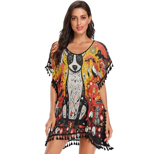 Abstract Kangaroo Dog Puppy Women's Beach Cover Up Chiffon Tassel Swimwear Swimsuit Coverups for Girl