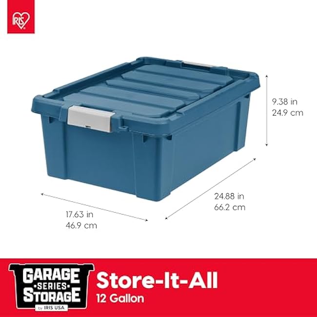 IRIS USA 12 Gallon Eco-Friendly Lockable Storage Bins with Lids, 4 Pack - Made in USA, Heavy Duty, Stackable Containers, Garage Organizing Bins Moving Tubs, Rugged Sturdy Equipment Utility Box - Navy