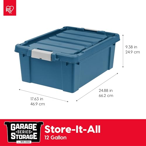 Image of IRIS USA 12 Gallon Eco-Friendly Lockable Storage Bins with Lids, 4 Pack - Made in USA, Heavy Duty, Stackable Containers, Garage Organizing Bins Moving Tubs, Rugged Sturdy Equipment Utility Box - Navy