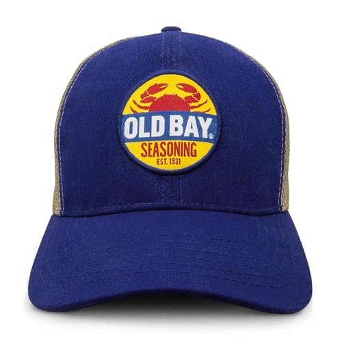 Image of Tee Luv Old Bay Seasoning Hat - Old Bay Crab Logo Mesh Back Baseball Cap (Blue /Tan)