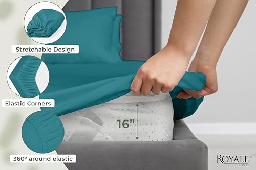 Image of Royale Linens 100% Organic Cotton Full Fitted Sheet Only - Percale Weave - Super Soft Deep Pocket Bottom Sheets - Teal Elastic Sheet - Full Size Fitted Sheets Only - (54 inchx75 inch+15 inch, Teal)