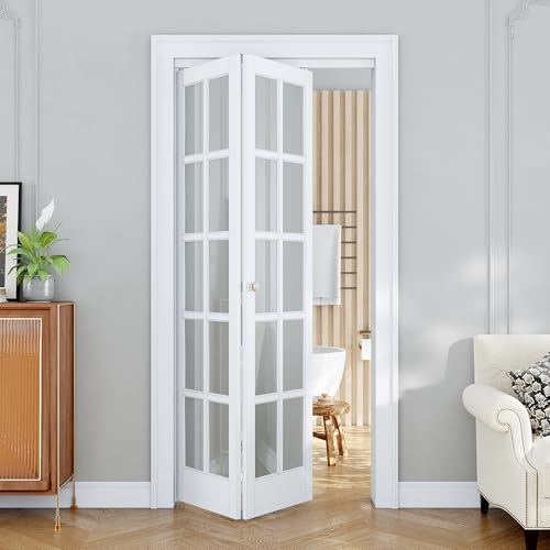 Bifold Doors for 36" x 80" Opening, Frosted Glass Bifold Barn Door Panels with Concealed Hardware Kit, French Interior Folding Closet Doors for Pantry/Laundry/Bedroom/Bathroom, Easy to Install