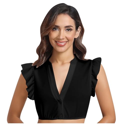 Generisch Dirndl Bluse Damen - Dirndlbluse Flügelärmel V Ausschnitt Trachtenbluse Kurzarm Dirndlblusen mit Knopfleiste Oktoberfest Damen Outfit Dirndl Modern 2026 (Schwarz M)