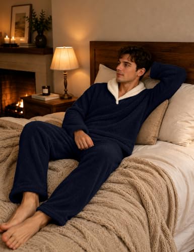 Image of Mens Fluffy Coral Fleece Pajamas Set Pullover Pants Loose Plush Warm Loungewear Sleepwear