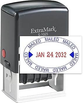 ExtraMark S-1025 Professional Self Inking Office Date Stamp with "MAILED" Phrase Style O - Blue & Red Color Ink