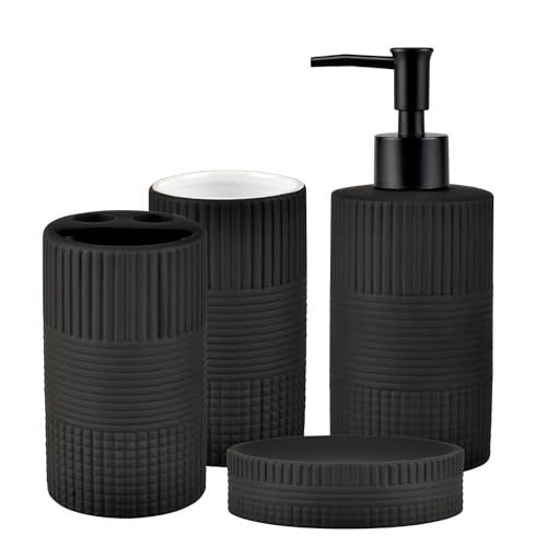Juego de accesorios de baño de color negro mate, 4 piezas de cerámica en relieve, soportes para cepillos de dientes completos, dispensador de jabón, jabonera, taza de cepillo...