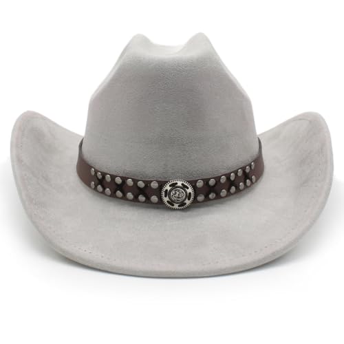 Image of Cowboy Hat for Women Men Wide Brim Western Cowgirl Hat Roll up Brim with Belt Buckle Classic Suede Country Cowboy Hat