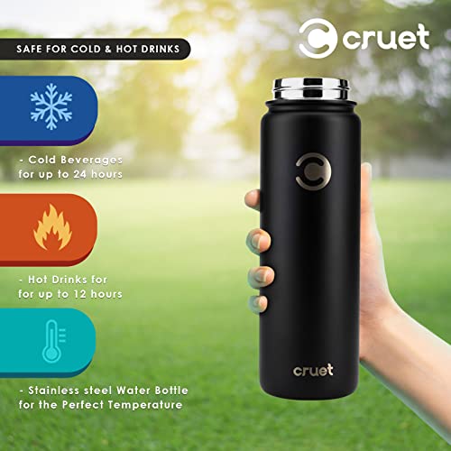 Insulated Water Bottle With 2 Lids By Cruet- Stainless Steel Double-Walled Leakproof Thermos With Straw Lid For Cold Drinks, Flip Lid For Hot Beverages, Vacuum Insulated, Reusable Modern Bottle- 24Oz #TOP3