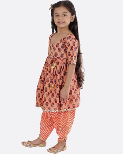 Image of superminis Cotton Blend Baby Girl's Jaipuri Print Frock Style Kurti With Frill Sleeves And Dhoti Style Salwar With Elastic Closure Ethnic Dress Clothing Set