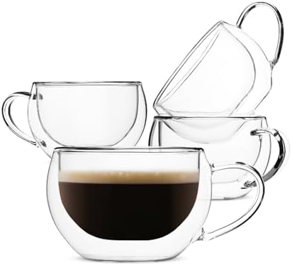 BTaT Insulated Espresso Cups, Glass Tea & Coffee Mugs, Set of 4 (6 oz, 180 ml), Double Wall, Latte & Espresso Glasses