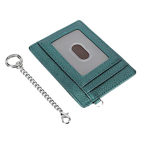 Women & Men Genuine Leather RFID Blocking Card Holder Thin Slim Minimalist Front Pocket Wallet with Keychain, Dark Green4