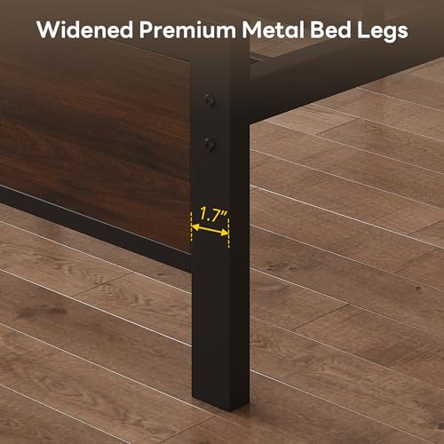 Image of LIKIMIO Queen Bed Frame with Headboard, Mid-Century Modern Queen Platform Bed, Heavy Duty Silent Metal Slats, No Box Spring Needed, Noise-Free, Dark Walnut