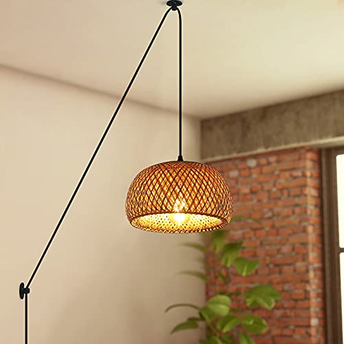 LUSTORM Bamboo Pendant Lighting for Kitchen Island, Pendant Hanging Fixture with 2 Wall Mounted Holders Plug in Industrial Chandelier Lights for Living Room, Bedroom, Dinner Room(11x5.9in)-1 Pack
