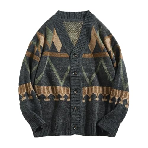 Men Vintage Color Block Cardigan V-Neck Loose Knit Sweater Casual Japanese Style Outerwear
