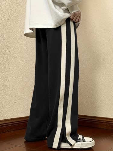 Image of GRECIILOOKS Men's Wide Leg Track Pants with Contrast Side Panel, Relaxed Drawstring Fit Streetwear Trousers, Poly Blend Casual Joggers