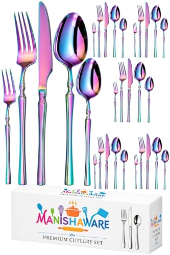 Image of Elegant Handle Rainbow 30 Pcs Stainless Steel Cutlery Set for Dining Table, Dishwasher Safe Glossy Flatware (6 Spoon Set+6 Forks Set+6 Butter Knife+6 Dessert Spoon+ 6 Fruit Fork)