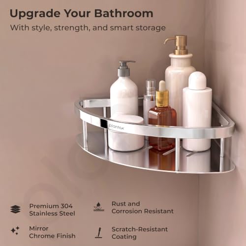 Image of Plantex Bathroom Corner Shelf for Wall Mount /304 Grade Stainless Steel Corner Shelf for Bathroom with Railings /Bathroom Accessories - Pack of 2 (9x9 inches, Chrome)