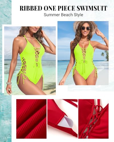 Image of Women Sexy Lace Up One Piece Swimsuit Plunge V Neck High Cut Bathing suits | Deep V, Padded bra, Open back, Cheeky, Texture, Swimwear