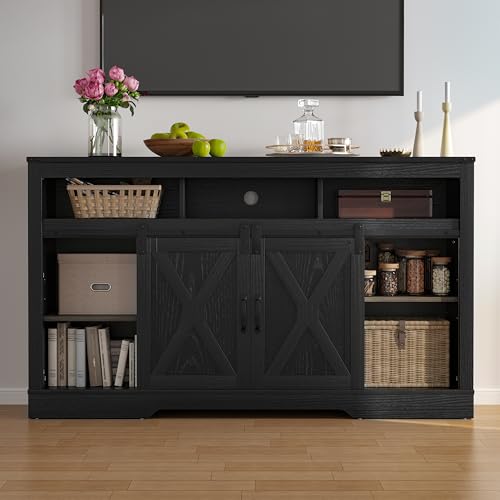 FansaFurn Farmhouse TV Stand for 65+ Inch TV, 34'' Tall Entertainment Center with Sliding Barn Doors, Rustic Wood Media Console Storage Cabinet Television Stand for Living Room, Bedroom (Black)