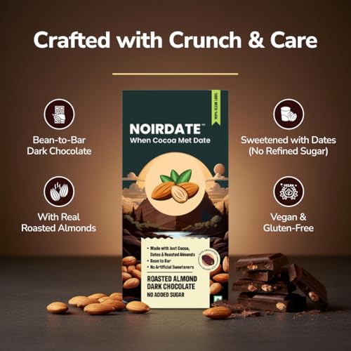 Image of NoirDate Roasted Almond Dark Chocolate - 15g, Bean to Bar, Sweetened with Dates, Refined Sugar Free, Clean Label, Healthy & Guilt-Free, Vegan, Rich in Antioxidant (Pack of 6)