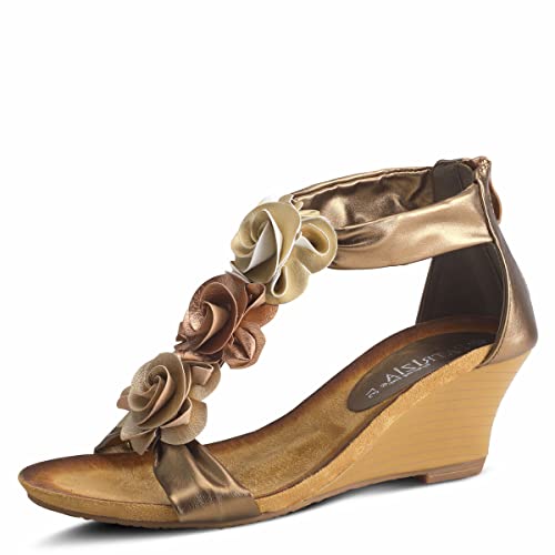 PATRIZIA Spring Step Harlequin Wedge Sandals for Womens - Ladies Sandals with Chic Flower T-Straps - Back Zipper Closure Womens Casuals Sandals - Gold EU 39 / US 8.5