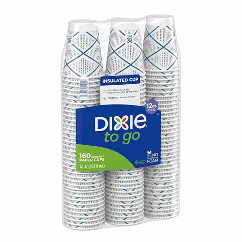 Dixie To Go Paper Coffee Cups 12 oz 160 Count Disposable Insulated Paper Cups for On-The-Go Hot or Cold Beverages