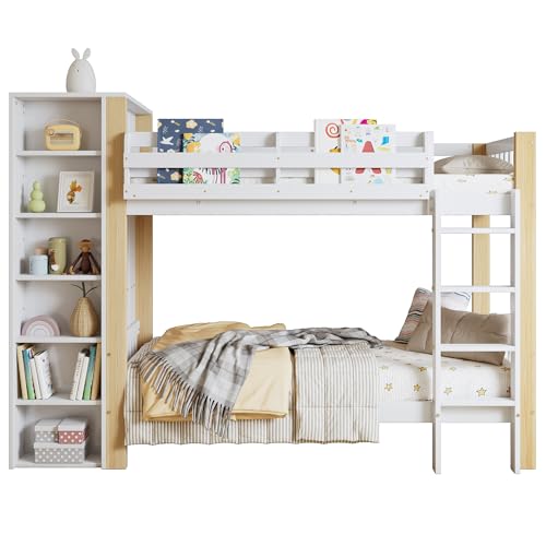 Azkoeesy Litera Infantil de 90x200 cm, con Armario Empotrado y Vitrina, con estantería, somier y barandilla, Madera de Pino, para Adolescentes y Adultos, Color Blanco con Natur.