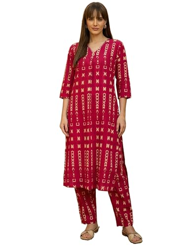 Image of INDO ERA Women Cotton White Printed Straight Kurta Pant Set