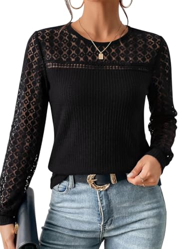 PINKMSTYLE Womens Puff Long Sleeve Crochet Lace Waffle Knit Dressy Blouse