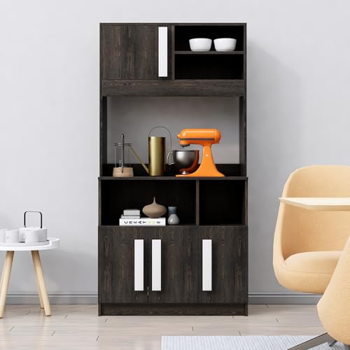 Image of Bniture Multipurpose Kitchen Cabinet | Engineered Wood Crockery Cabinet Modern with 4 Doors and Open Shelves | Crockery Unit for Dining Area | Kitchen Crockery Cabinet for Home | Flower Wenge