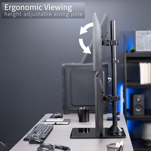Image of VIVO Dual Monitor Desk Stand with Tempered Glass Base, Free-Standing LCD Mount, Holds in Stacked Vertical Position 2 Ultrawide Screens up to 34 inches, Black, STAND-V002LG