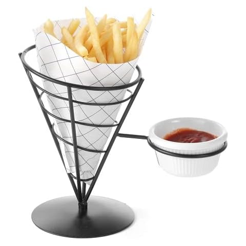 HENDI Soporte para conos de patatas fritas y otras frituras, recipiente de acero para presentar y servir frituras, no apto para el lavavajillas, 210x110x(h)172 mm, acero recubierto en polvo negro mate Cover