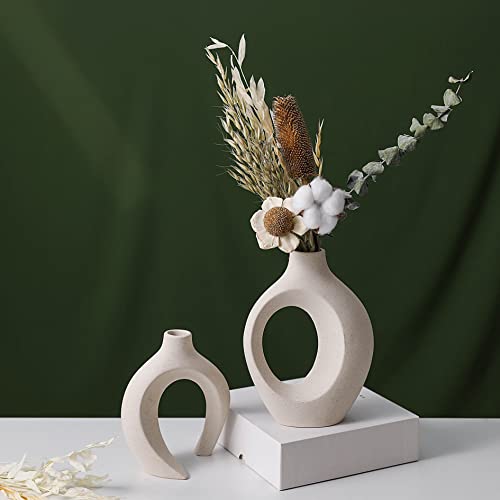 Ceramic Vase Set - 2 Flower Vases For Modern Home Décor, Creative White Vases Minimalism Style Decor Vase For Living Room Cream Decor Entryway Bookshelf Mantel Centerpieces Shelf #TOP4