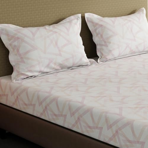 Image of Layers 100% Cotton Fitted Sheet for King Size Bed | Lumina Floret Collection | 144 TC Soft & Breathable | Geometric with 2 Pillow Covers | Wrinkle Free & Colorfast | 3 Pc Bedding Set - Pink