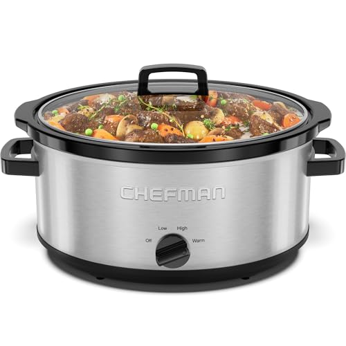 Chefman Slow Cooker 7 Quart, Large Family Size Slow Cooker with Low, High & Warm Settings, Removable Ceramic Crock, Tempered Glass Lid, Dishwasher-Safe for Easy Cleanup, Stainless Steel