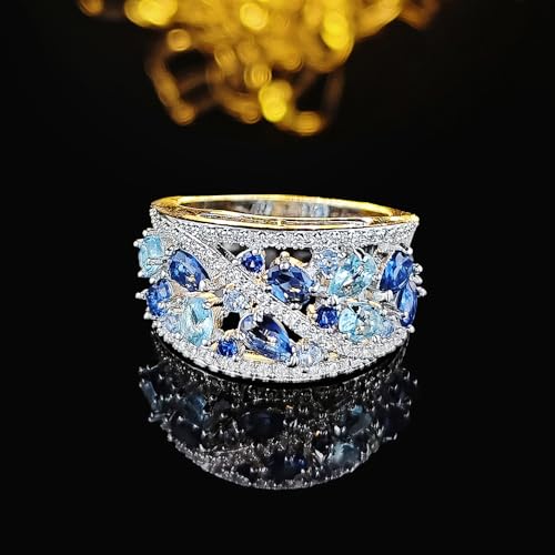 Shinning Crystal Inlaid Eternal Band Statement Ring Blue Zircon Halo Hollow Ring Colorful Gemstone Wedding Dinner Party Jewelry for Women(7)2
