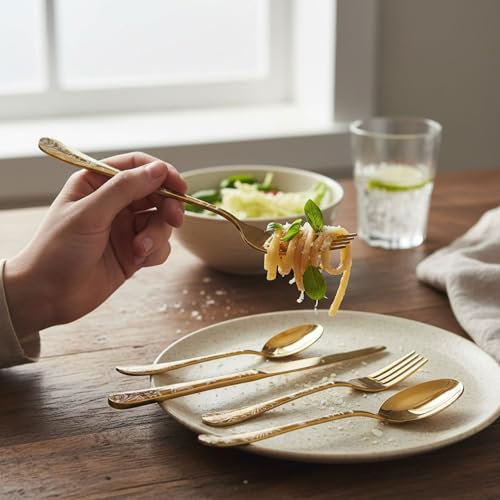 Image of 15 Pcs Gold Floaral Stainless Steel Cutlery Set for Dining Table with Spoons and Forks Set + Butterknives - The Perfect Tableware /Flatware