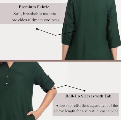 Image of Women's Roll-Up Sleeve Tunic Top, V-Neck with Button Front, Side Pockets, Rayon Short Kurti