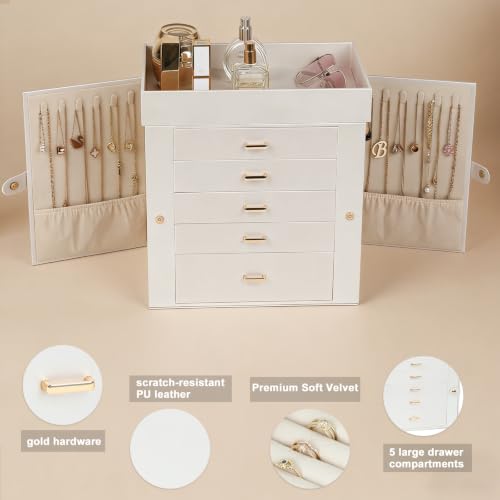 BOOVO Large Jewelry Boxes For Women (Pearl White, 6 Layer) | 6 Layers Jewelry Organizer Box With Cosmetic Storage Drawer, Necklace Ring Jewelry Organizer Box For Girls - image 5