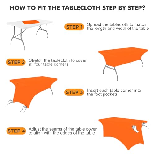 Image of SEPARO 2 Pack 8 Ft Orange Table Cover Fitted Rectangular Tablecloth Stretchable Fabric Table Cloth 8 ft Wrinkle-Free for Party Tradeshows Banquet Weddings Cocktail