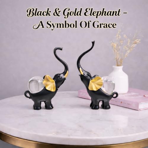Image of ARMONIA Set of 2 Lucky Elephant Showpiece for Home Decor |Black Polystone Elephant with Detachable Crystal Glass Ball |Vaastu Feng Shui Elephant Idol for Living Room,Office,Entrance | Gift for Wedding