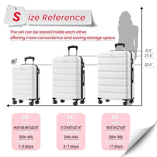 Image of AnyZip Luggage PC ABS Hardside Lightweight Suitcase with 4 Universal Wheels TSA Lock 20 24 28 Inch, White, 3 piece set (20 /24 /28), Fashion
