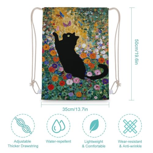 Black Cat Flower Garden Butterflies Drawstring Backpack Canvas String Bag Lightweight Sports Gym Bag for Men Women2