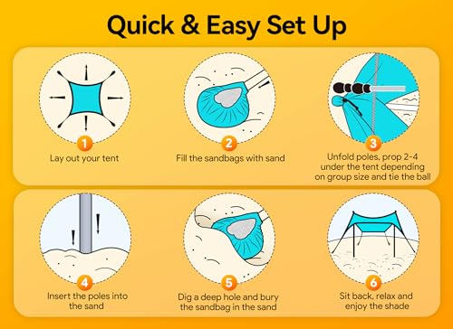 Beach Tent, Camping Sun Shelter 10 x 10ft, with 4 Sandbags, UPF50+, Includes Sand Shovel, Ground Pegs & Stability Poles, Pop Up Beach Canopy Sunshade for Fishing, Backyard Fun or Picnics (Cyan) - Image 5